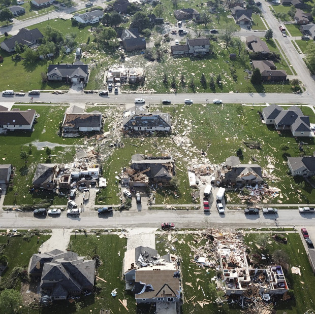 Damaged homes and debris marking the path of a tornado in Celina, Ohio. 