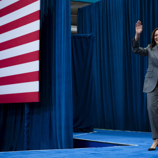 Vice President Kamala Harris greets the crowd during a rally where President Joe Biden also spoke in March.