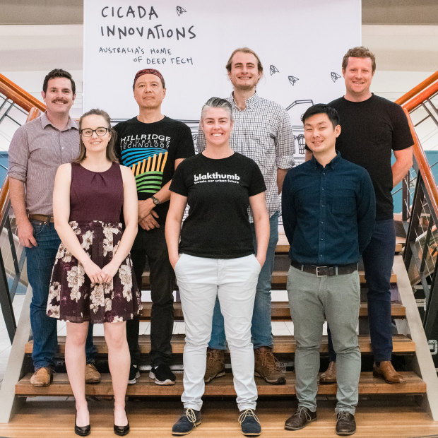 Some of the GrowLab cohort during their demo day, including Dale Schilling (far left) and Alex Soeriyadi (second from right).
