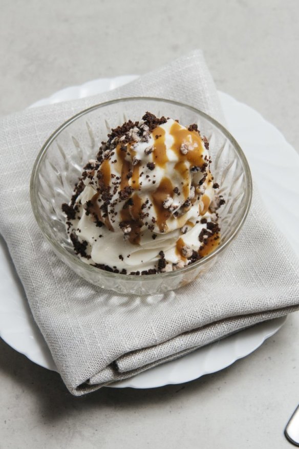 Cookies and cream soft serve with caramel.