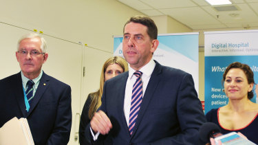 Dr Richard Ashby, Queensland Health Minister Cameron Dick and Queensland Deputy Premier Jackie Trad speak to reporters as the advanced ieMR system goes live at Princess Alexandra Hospital.