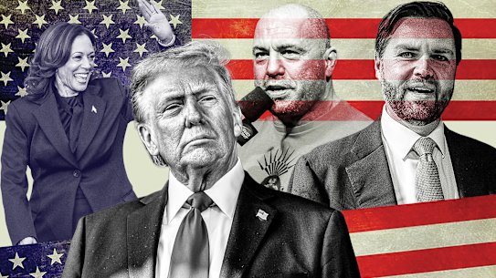 Kamala Harris, Donald Trump, Joe Rogan and J.D. Vance.