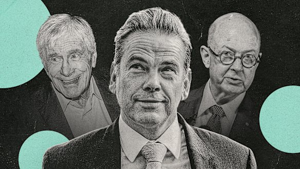 From left: Kerry Stokes is leaving the industry after a long haul; Lachlan Murdoch won the family feud over succession; ABC chair Kim Williams oversaw an action-packed year at the national broadcaster.