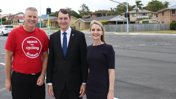 Andrew Methorst, from the Brisbane North Bicycle User Group, with lord mayor Graham Quirk and councillor Amanda Cooper at the Telegraph Road opening.
