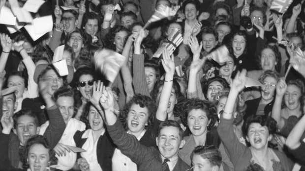 "...the city found its voice and mood, and last night Martin Place and other streets and King's Cross were filled with screaming revellers." May, 8, 1945