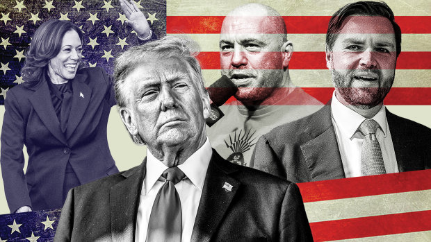 Kamala Harris, Donald Trump, Joe Rogan and J.D. Vance.