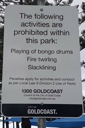 Gold Coast City Council has banned bongo drumming and fire twirling in Justins Park, Burleigh Heads.
