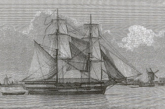 An engraving of Lieutenant James Grant’s ship, Lady Nelson, in the Thames. On it he would map parts of the southern coast of Victoria, giving Deen Maar the name Lady Julia Percy Island. 