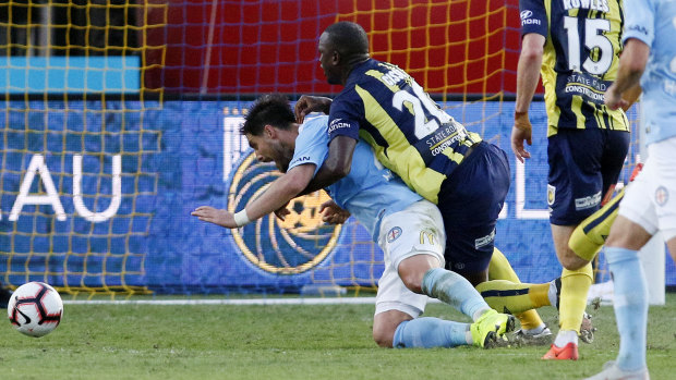Fornaroli goes down in the box under close checking from Cisse. 