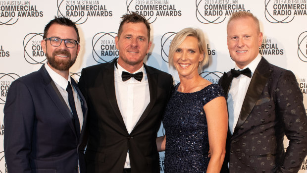 Kip Wightman, Ashley "Ash" Bradnam, Susie O'Neill and David "Luttsy" Lutteral from Nova106.9's breakfast show at the 31st Australian Commercial Radio Awards in Brisbane.
