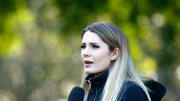 Canadian far-right activist Lauren Southern speaks during a 'Rally for South Africa' demonstration in Sydney.