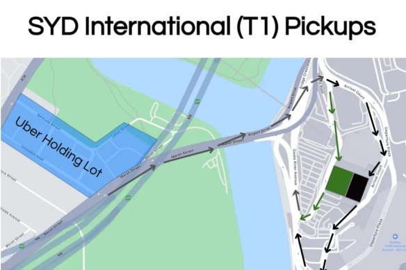 Uber’s website directs drivers to park in the streets of Wolli Creek for international airport trips.