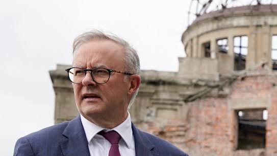 Prime Minister Anthony Albanese visits the Hiroshima Peace Memorial Park with the mayor of Hiroshima Kazumi Matsui. 