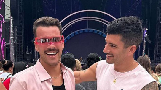 Jesse Baird (left) and Luke Davies at a Pink concert in Sydney this month.