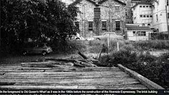 This photograph shows the slightly-newer timber Queen Wharf (circa 1870s) at Queen's Wharf Road in the mid-1960s. In 2020, all that remains are photographs, William Street's Commissariat Store and the Immigration Building next door. Photo courtesy of the Royal Historical Society of Queensland