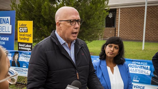 Opposition Leader Peter Dutton with unsuccessful Liberal candidate for Aston Roshena Campbell.