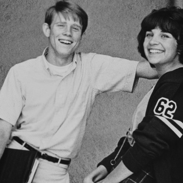 Ron Howard (who played Steve in American Graffiti) with on-screen kissing partner Cindy Williams (Laurie). “We better practise,” she told the nervous young actor.