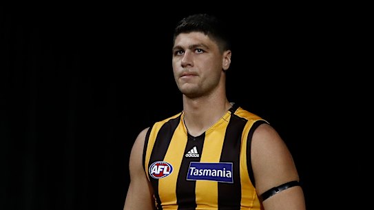 SYDNEY, AUSTRALIA - JULY 10: Jonathon Patton of the Hawks runs out onto the field during the round 6 AFL match between the Collingwood Magpies and the Hawthorn Hawks at GIANTS Stadium on July 10, 2020 in Sydney, Australia. (Photo by Ryan Pierse/Getty Images) .