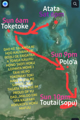 A map posted to social media of the 28-hour route Lisala Folau swam after he was swept out to sea.
