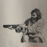 A drawing by Shannon McCulloch of Benjamin Aitken holding a sawn-off shotgun. Police found a 12-gauge shotgun during the raid. 