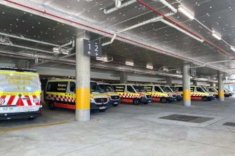 Ambulances outside Westmead Hospital, where one patient waited almost seven hours to be admitted on Thursday.