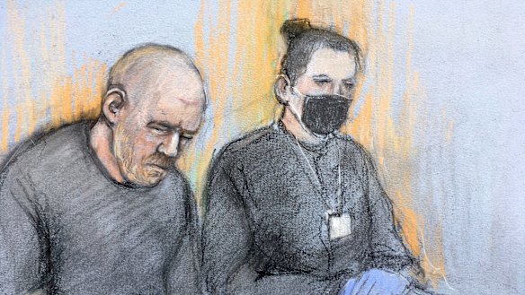 This court artist sketch shows serving police constable Wayne Couzens, left, appearing in the dock at Westminster Magistrates’ Court in London.