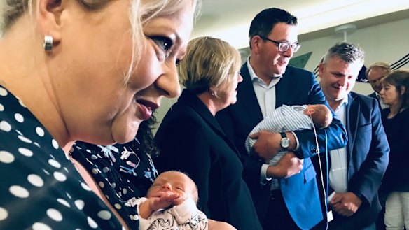 Premier Daniel Andrews (centre) in Geelong on Saturday to make a $100 million hospital funding announcement.