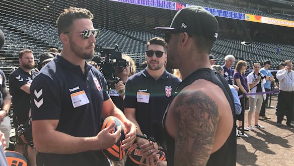 Big hitters: Sam Burgess and Gareth Widdop with Colorado Rockies first baseman Ian Desmond.
