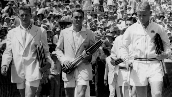 Legends of the day: Americans Tony Trabert and Vic Seixas, and Australia's Ken Rosewall and Lew Hoad, before their Davis Cup clash at White City in 1954.