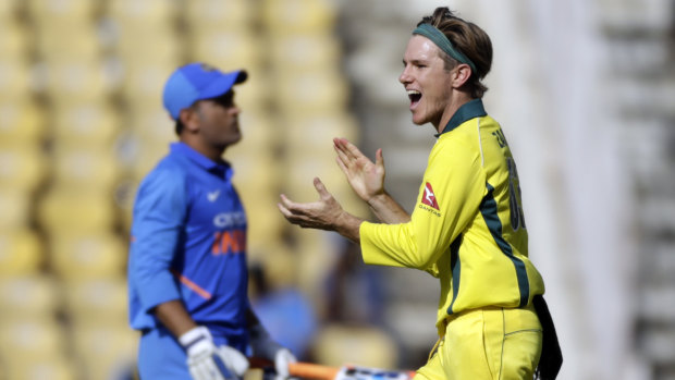 Adam Zampa after taking M.S. Dhoni's wicket during the recent ODI series in India.