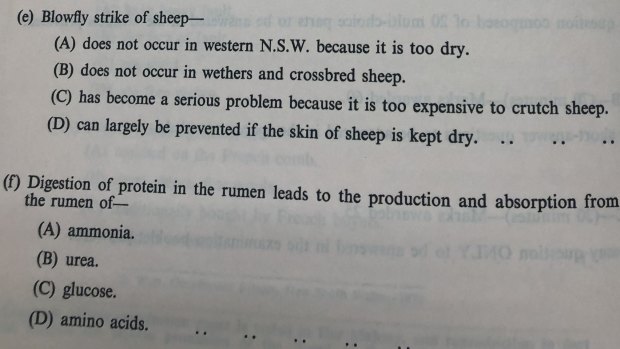 Sheep Husbandry and Wool Technology HSC exam 1978.