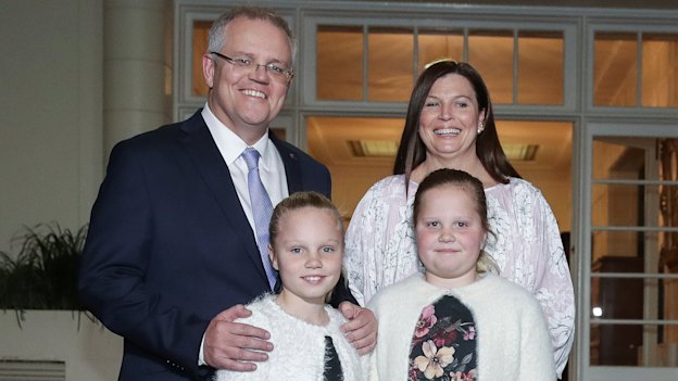 Scott Morrison with wife Jenny and daughters Abigail and Lily after being sworn in as Prime Minister in August. 