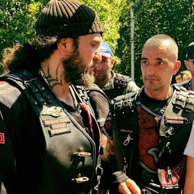 Night Wolves founder Alexander Zaldostanov (left) with the group’s Australian figure Sasha Karaman in Sevastopol in 2019.