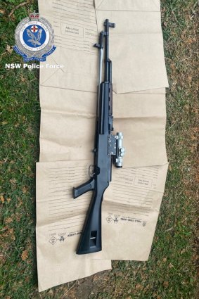 A semi-automatic high-powered rifle found by police.