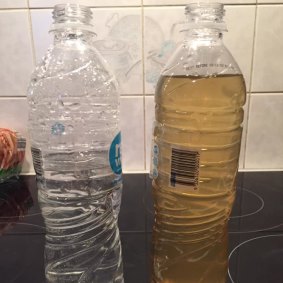 A photo taken by Rebecca Rattenbury of the water from her filtered shower head (left) and the water from her kitchen tap (right) on Wednesday.