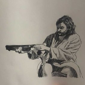 A drawing by Shannon McCulloch of Benjamin Aitken holding a sawn-off shotgun. Police found a 12-gauge shotgun during the raid. 