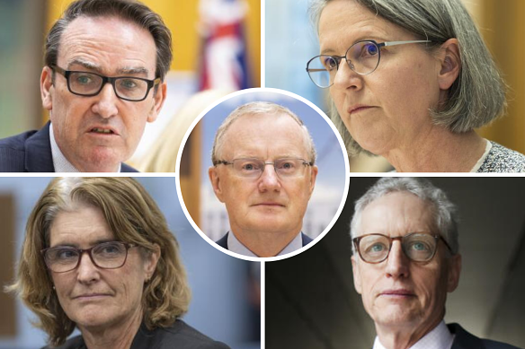 There are several candidates believed to be in the race to replace Reserve Bank governor Philip Lowe (centre). Pictured clockwise from top left are: Treasury secretary Steven Kennedy, Finance Department secretary Jenny Wilkinson, Australian Bureau of Statistics head David Gruen, and RBA deputy Michele Bullock.