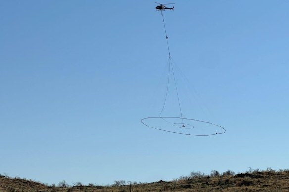 A helicopter VTEM survey in action at the Greater Duchess copper-gold project in Queensland that is jointly-owned by Latitude 66 and Carnaby Resources.