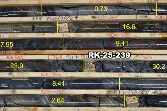 NexGen Energy’s core tray from diamond drill hole with grades shown as uranium oxide per cent. 
The hole returned 13m at 5.2 per cent uranium oxide, including 0.5 m at 30.2 per cent uranium oxide.