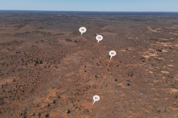 Aerial view of Marmota’s Muckanippie titanium project and the four discovery holes located near Coober Pedy in South Australia