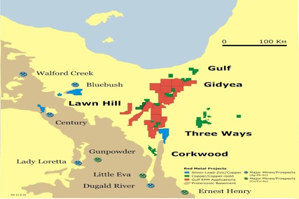 Red Metal Limited’s latest Queensland copper-gold projects (in red) north of Mt Isa, where the company has secured government funding to drill test giant IOCG targets.