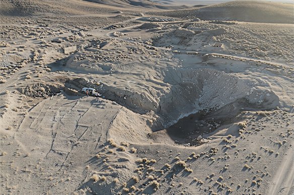 An aerial view of Viking Mines’ Linka tungsten mine in Nevada, looking to the south from the Linka shaft, showing coarse ore stockpiles in the background.