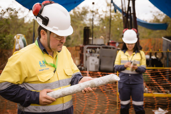 Geologists on site inspecting drill core at the massive Salinas Lithium project in Minas Gerais, Brazil
