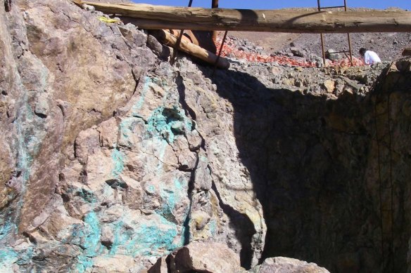 Old prospector workings grading 4.23 per cent at Pan Asia Metals’ Rosario project in northern Chile.
