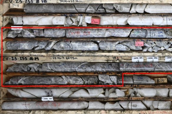 Patriot Battery Metals drill core from a hole at the Rigel target in Canada shows semi-massive to massive pollucite (red box), grading 17.95% caesium oxide over 3.7m, including 22.9% caesium oxide over 2m.