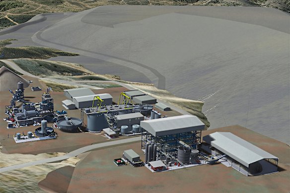 Dateline Resources’ proposed 2 million tonne per year carbon-in-leach gold processing plant site layout for its Colosseum gold mine in California.