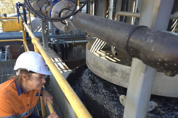 Larvotto Resources’ Jameson cleaner cell removing impurities from its first antimony-gold concentrate at the company’s processing plant at Hillgrove in New South Wales.