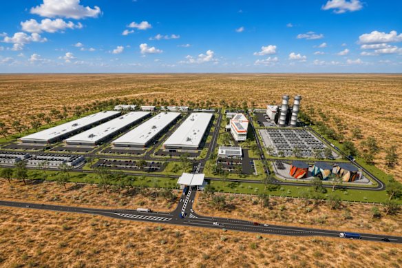 Conceptual aerial view of Beetaloo Energy Australia’s proposed Beetaloo Digital AI data centre campus at Waddell, near Darwin in the Northern Territory.