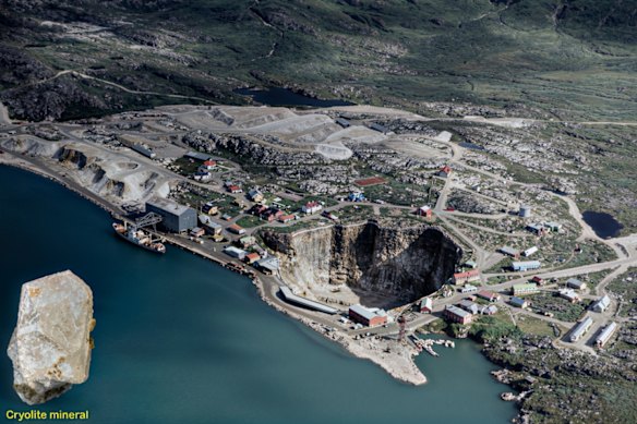 A historic view of the Ivigtût cryolite mine in southern Greenland, where Eclipse Metals has confirmed high-grade fluorite and identified gallium and a wide range of key minerals within the historic pit environment.