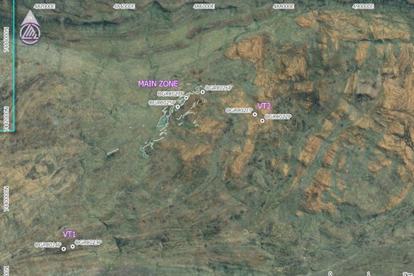 Litchfield Minerals’ satellite image over the Oonagalabi project (image centre) in Australia’s NT, showing the target names and locations of the seven reverse-circulation holes in the current phase three drilling program.